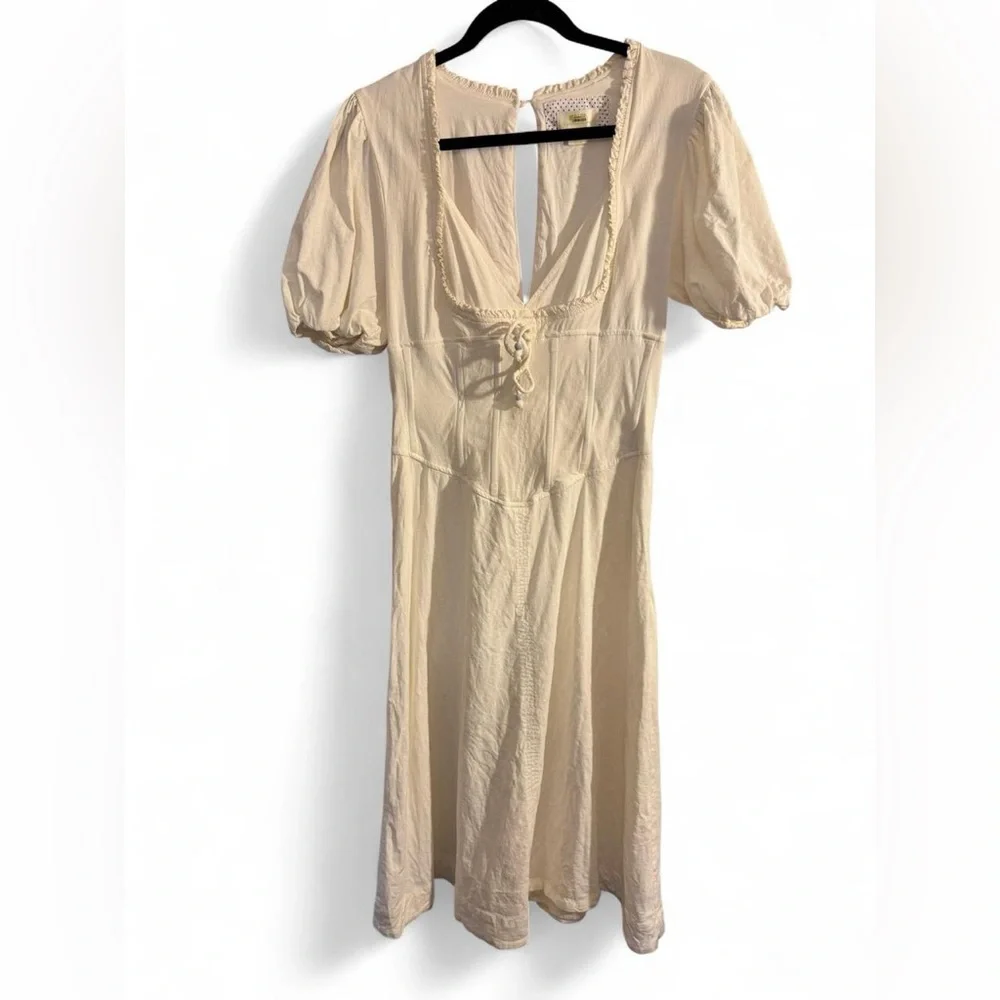 Maeve Anthropologie Puff-Sleeve Corset Linen Midi Dress - White Size Large - Picture 5 of 16